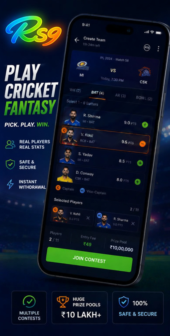 RS9 phone poster: build a fantasy cricket side on the match screen
